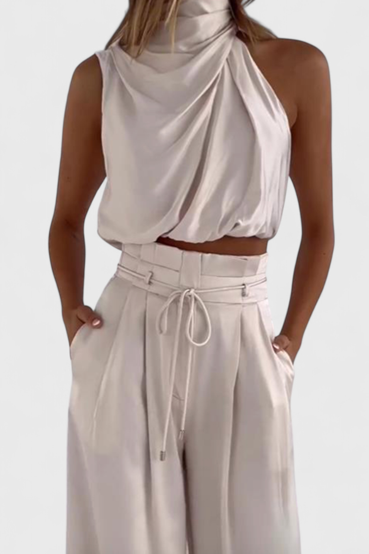 Helira Ensemble Minimaliste à Top Structuré et Pantalon Palazzo Plissé