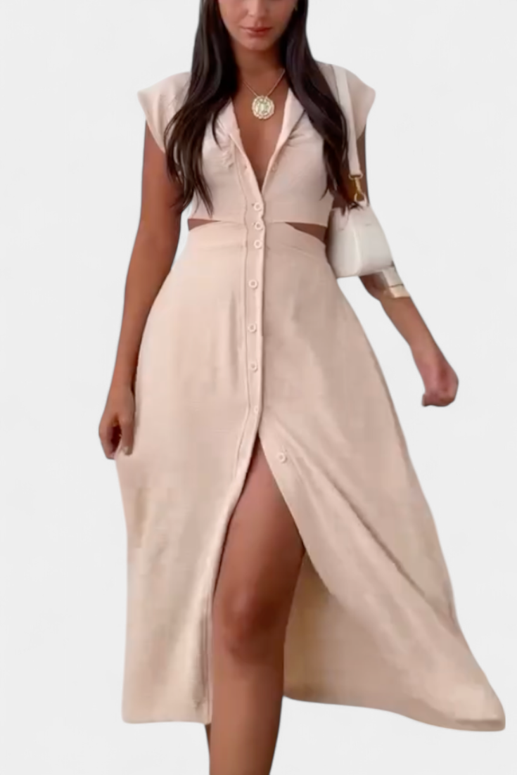 Griselda Robe Midi Cintrée avec Ouvertures à la Taille et Boutonnière Frontale
