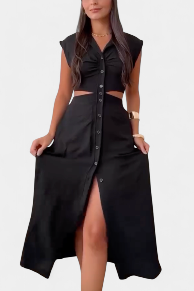 Griselda Robe Midi Cintrée avec Ouvertures à la Taille et Boutonnière Frontale