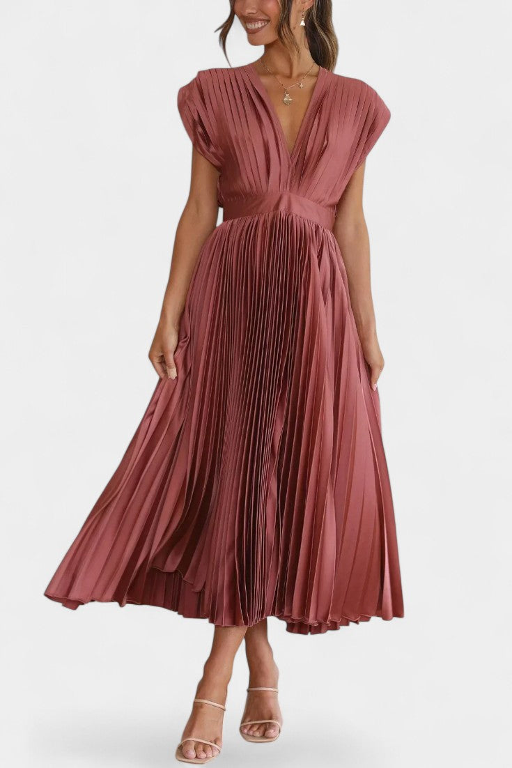 Audrey Robe Plissée à Décolleté en V et Dos Nu avec Nœud