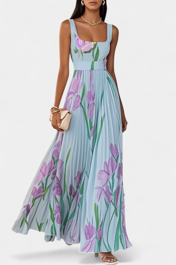 Calanthe Robe Longue en Chiffon Plissé à Imprimé Floral