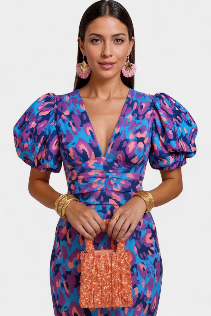 Wibia Robe à Imprimé Vibrant et Manches Bouffantes avec Froncé Central