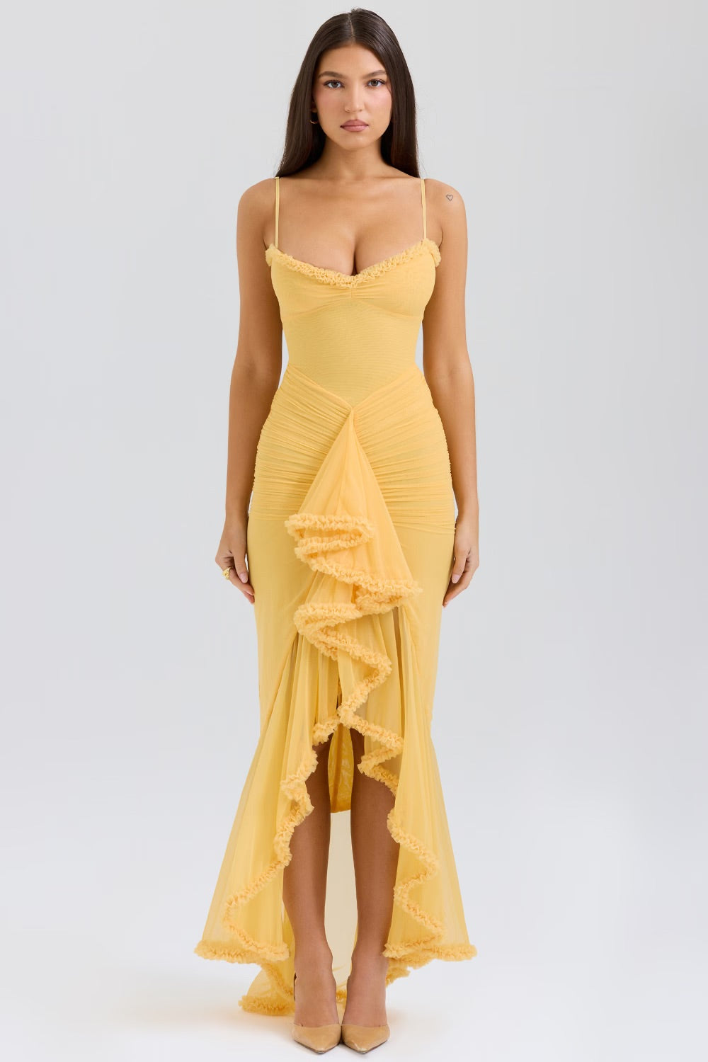 Roxanne Robe Maxi Bustier à Décolleté Cœur et Jupe à Volants