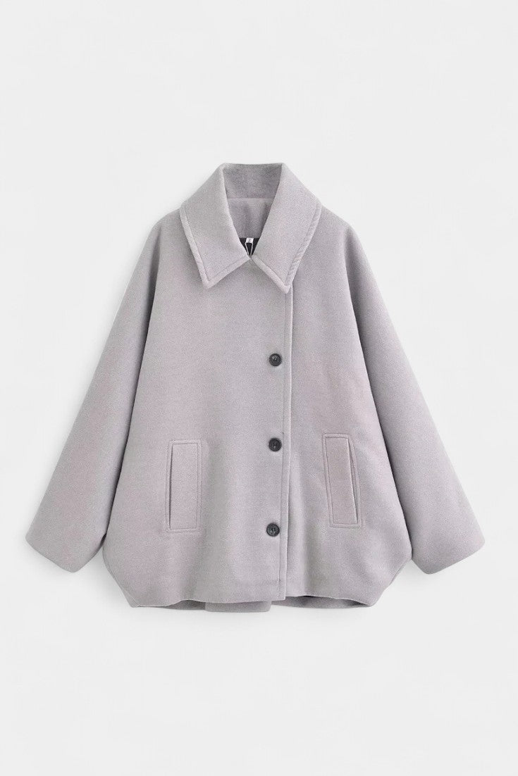 Ambreline Manteau Mi-Long en Laine à Manches Chauve-Souris et Col Revers