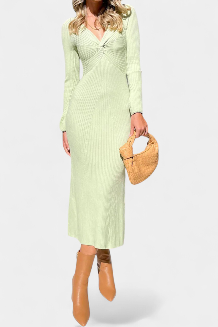 Mélusine Robe Pull Ajustée à Col en V Froncé et Manches Longues