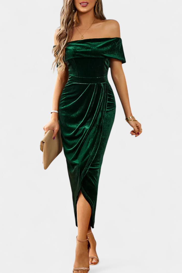 Geneviève Robe Midi en Velours à Épaules Dénudées et Fente Latérale
