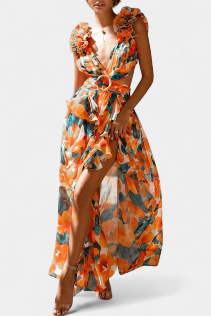 Zuleika Robe Longue en Chiffon à Manches Volants et Détails Découpés