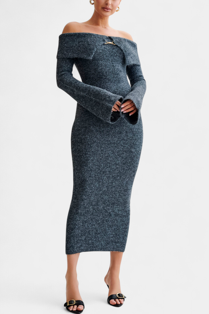 Solsona Robe à Une Épaule en Tricot avec Manches Longues