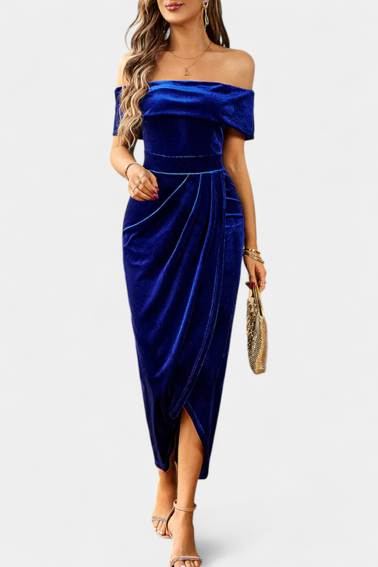 Geneviève Robe Midi en Velours à Épaules Dénudées et Fente Latérale