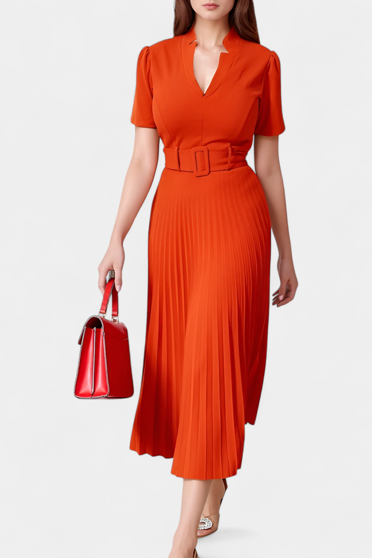 Seliora Robe Midi Cintrée à Ceinture et Jupe Plissée