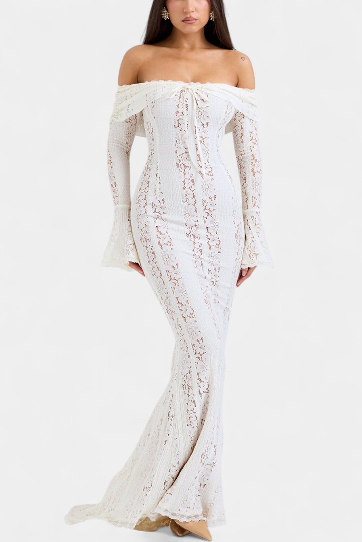 Rosalie Robe Taille Haute en Dentelle à Décolleté Off-Shoulder et Manches Évasées