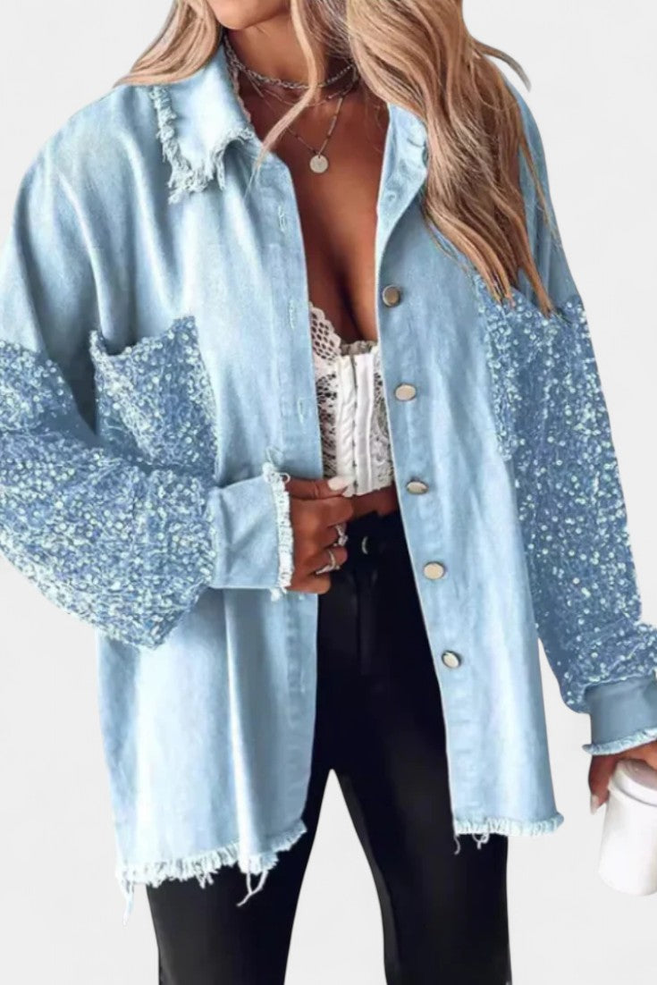 Birgit Veste en Jean Oversize à Bords Effilochés et Détails en Sequins