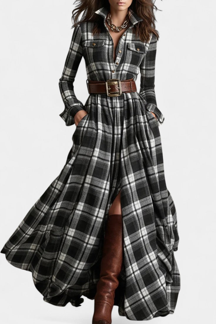 Eustelle Robe Maxi à Carreaux Brun Rougeâtre avec Col