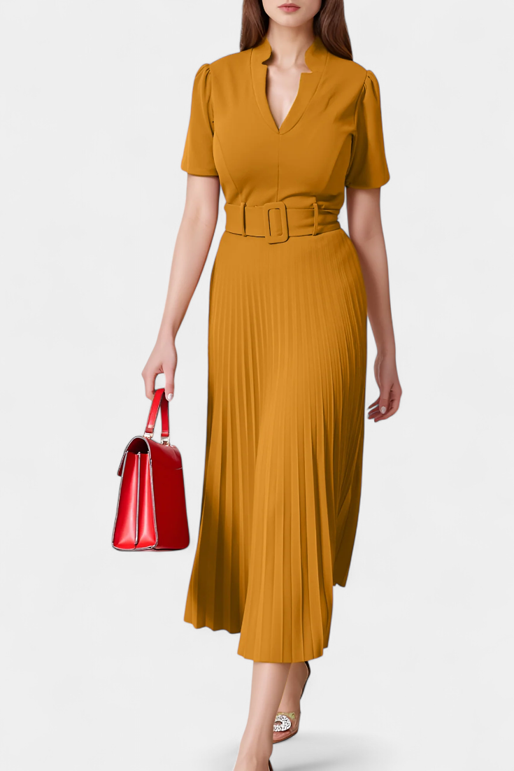 Seliora Robe Midi Cintrée à Ceinture et Jupe Plissée