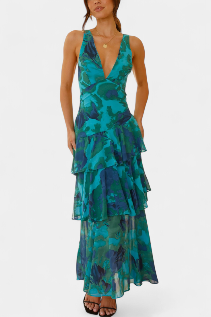 Domenica Robe en Georgette à Décolleté en V et Volants Aériens
