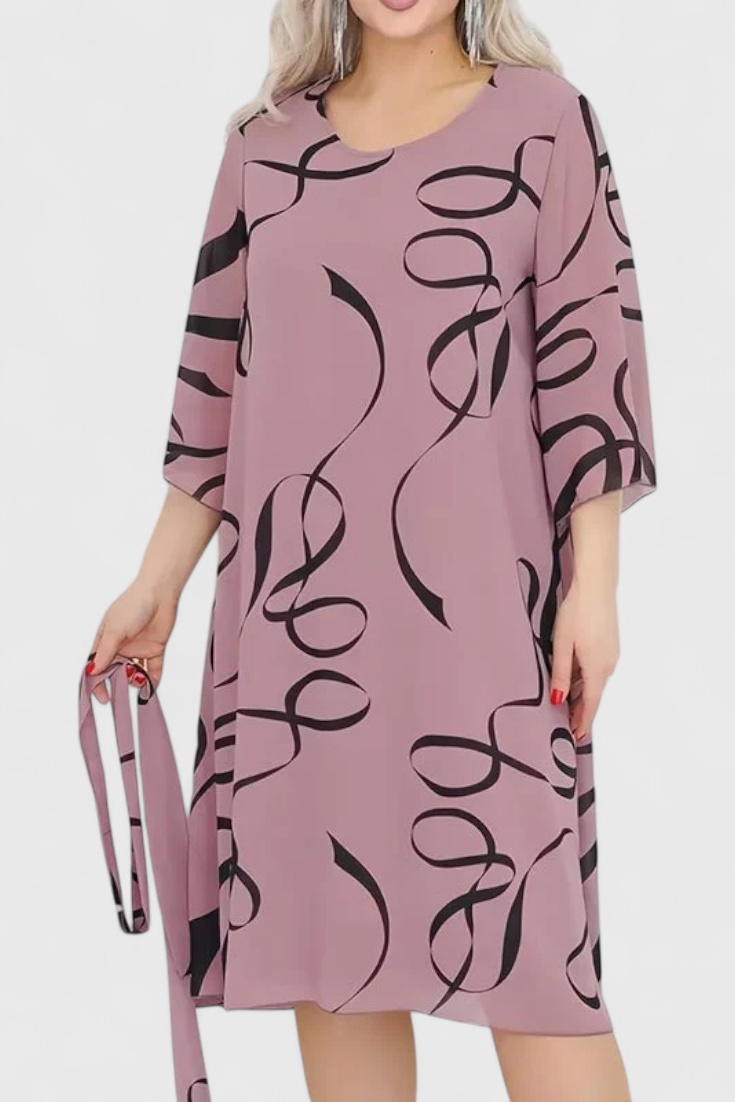 Ame Robe Midi à Imprimé Abstrait et Ceinture Ajustable