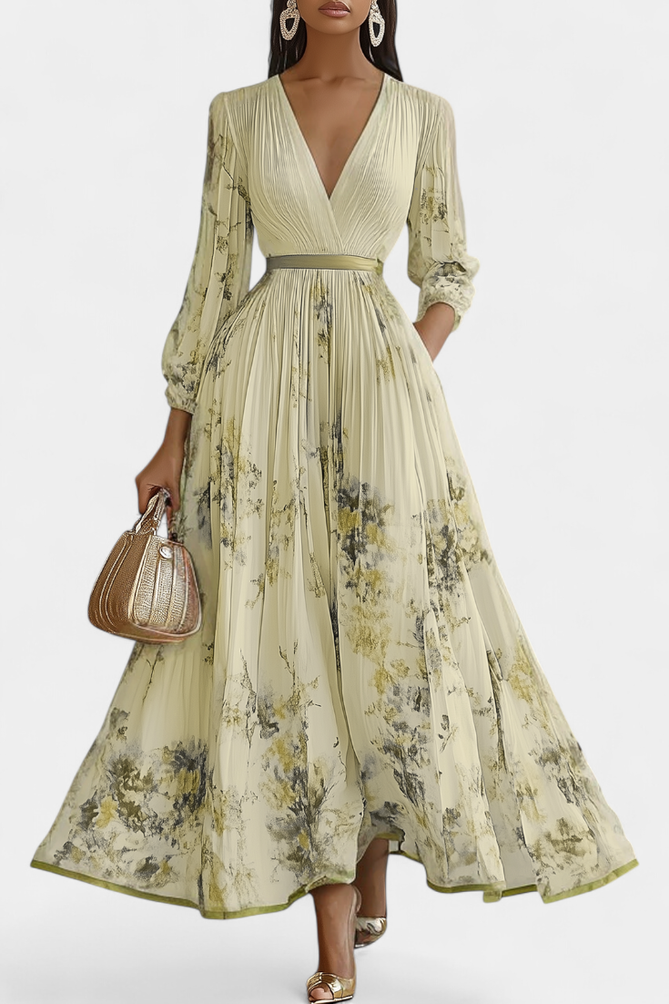 Phaedra Robe Évasée en Chiffon Floral Plissé