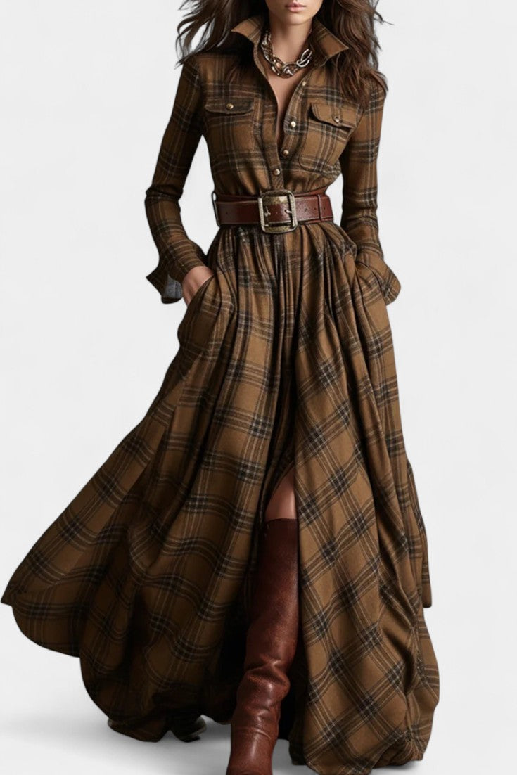 Eustelle Robe Maxi à Carreaux Brun Rougeâtre avec Col