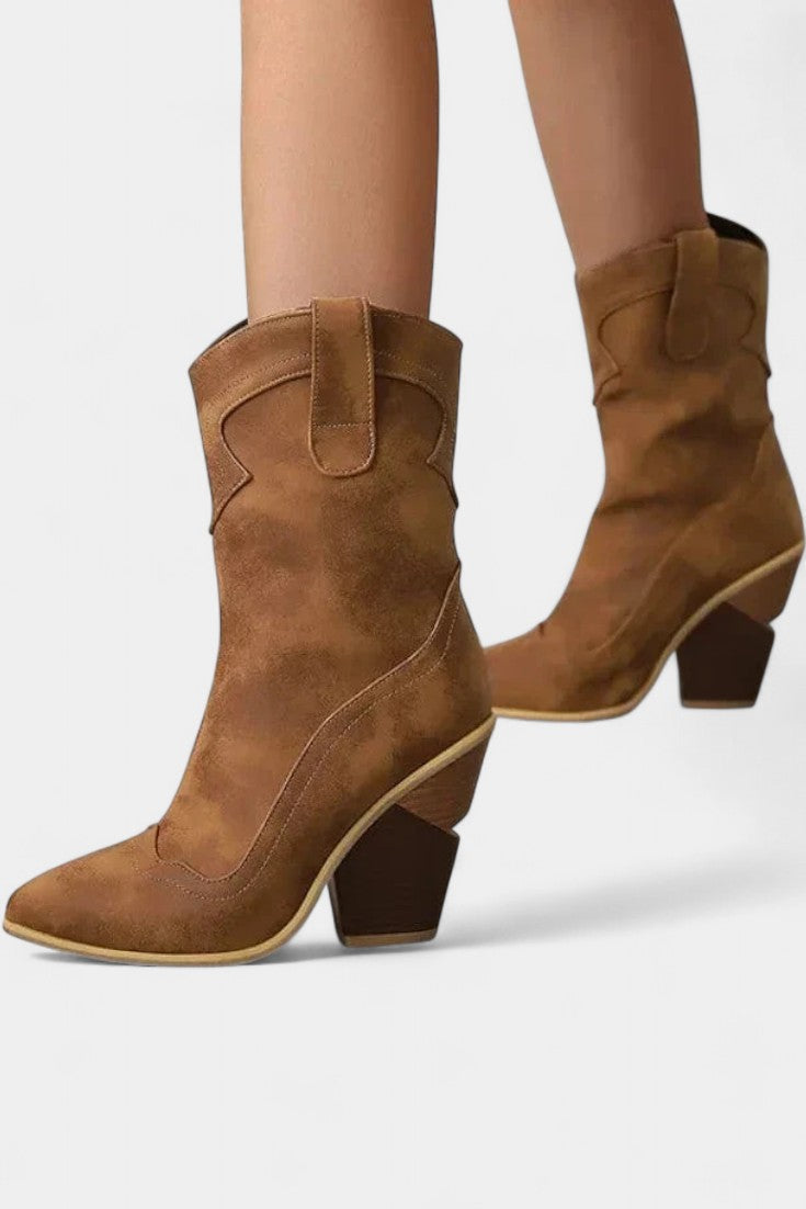 Botin Western en Cuir Souple à Pointe Effilée et Talon Bloc