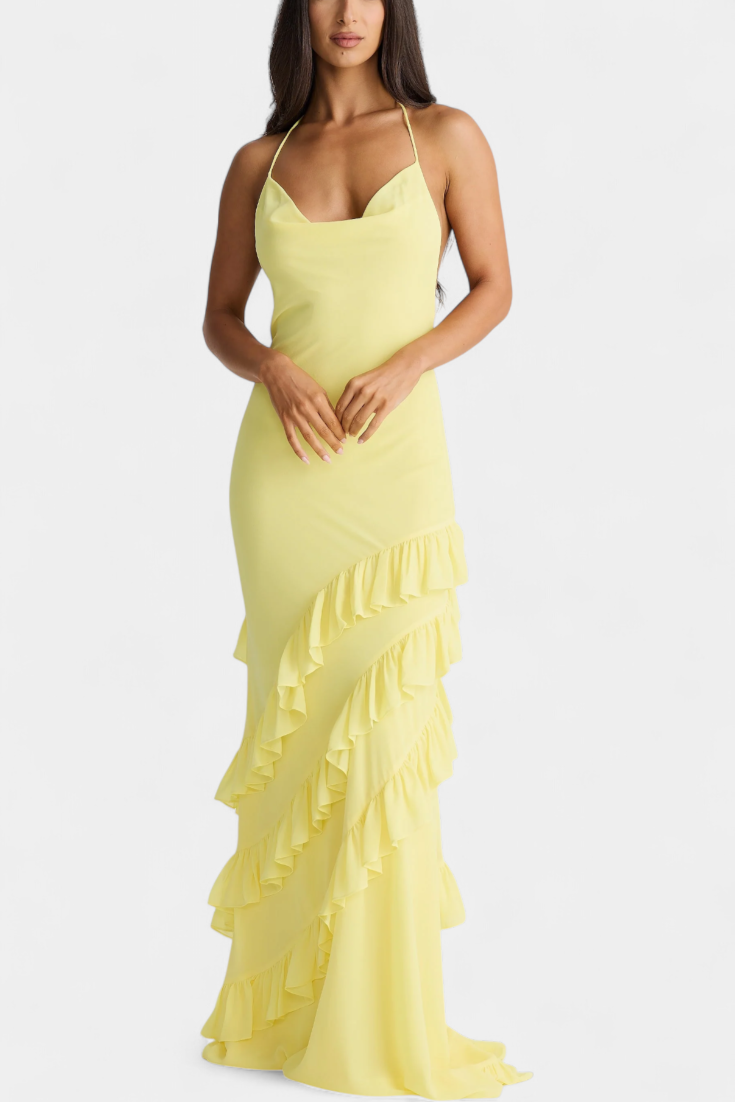 Padeline Robe Longue à Décolleté Drapé et Dos Nu à Bretelles Fines
