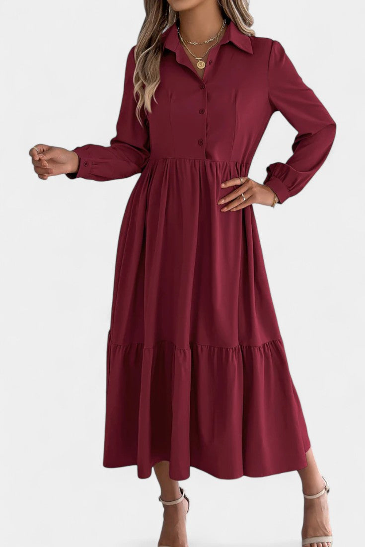 Jessica Robe Chemise Longue à Étages et Manches Longues Boutonnée