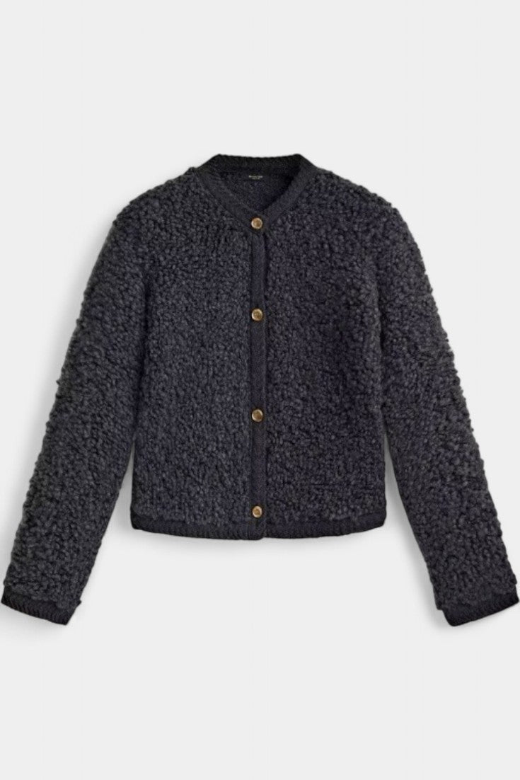 Chenda Cardigan Court en Peluche avec Boutons et Détails Côtelés