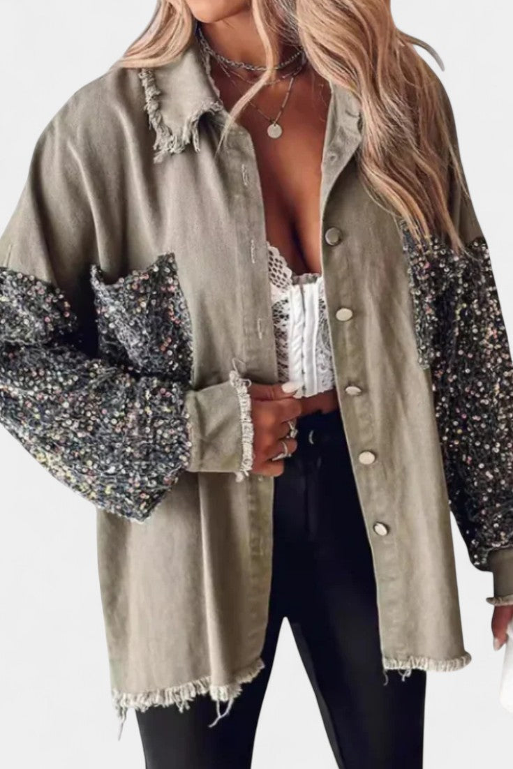 Birgit Veste en Jean Oversize à Bords Effilochés et Détails en Sequins