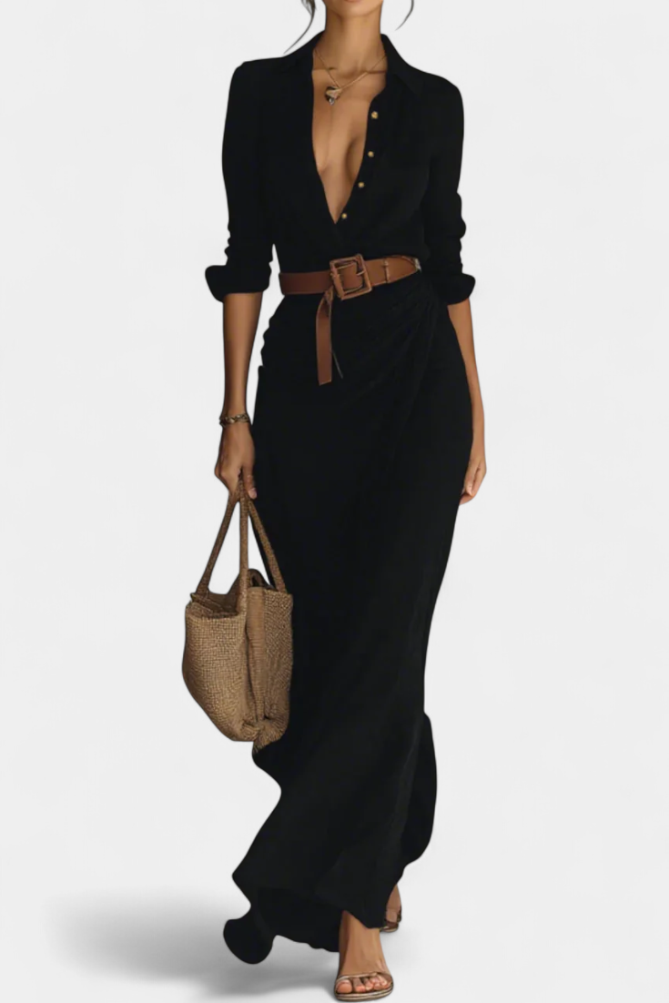 Souline Robe Maxi à Revers et Taille Ceinturée