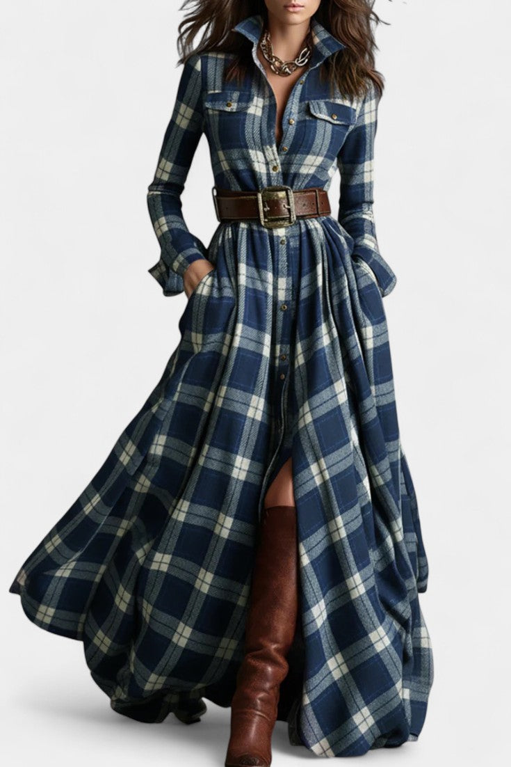 Eustelle Robe Maxi à Carreaux Brun Rougeâtre avec Col