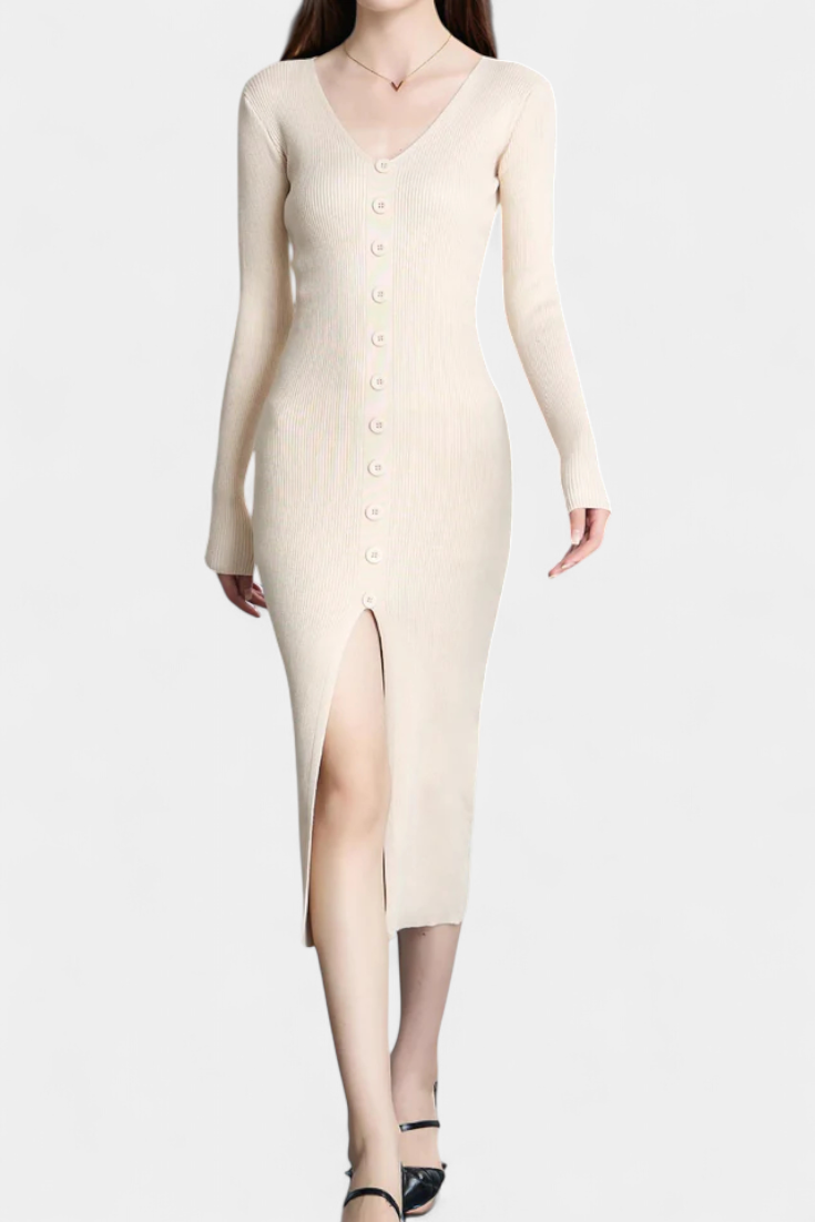 Nadège Robe Tricotée Midi à Col en V et Boutonnage Élégant