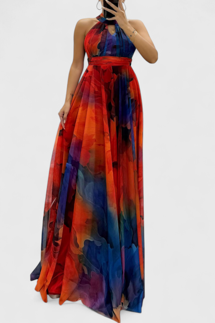 Caprice Robe Longue en Chiffon à Col Halter Fleuri