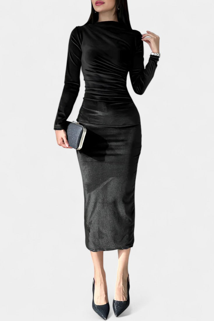 Amicie Robe Maxi Près du Corps en Velours Froncé à Manches Longues