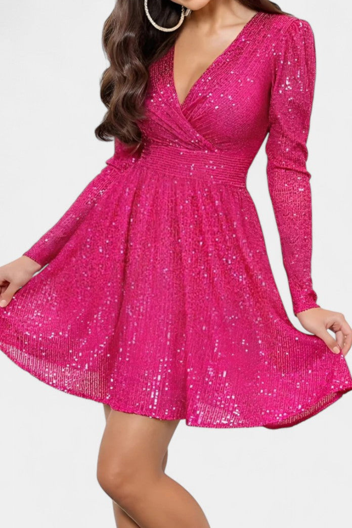 Thaïs Robe à Paillettes avec Col en V et Manches Longues