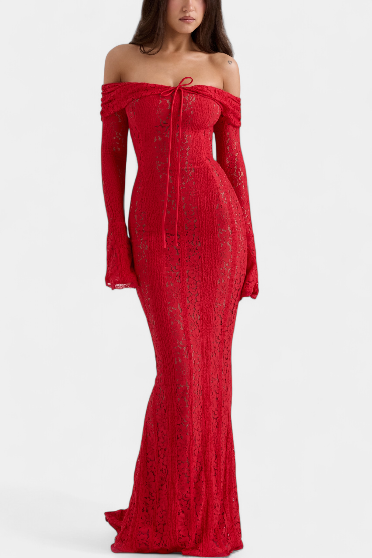 Rosalie Robe Taille Haute en Dentelle à Décolleté Off-Shoulder et Manches Évasées