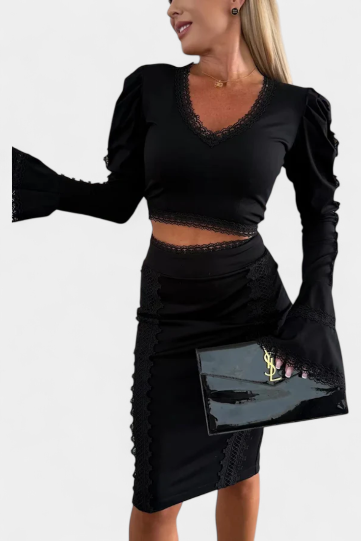 Minerva Ensemble Dentelle Top Longues Manches & Jupe Mini Taille Haute
