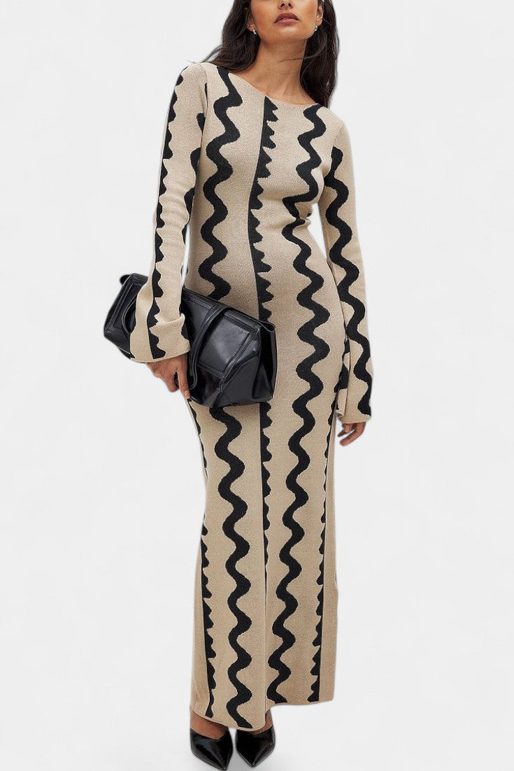 Maphie Robe en Tricot à Motif Géométrique et Manches Longues