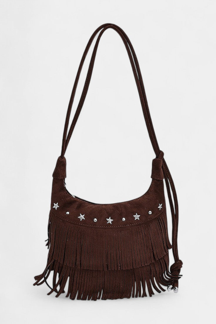 Nayden Sac en Daim Marron à Franges et Détails Métalliques