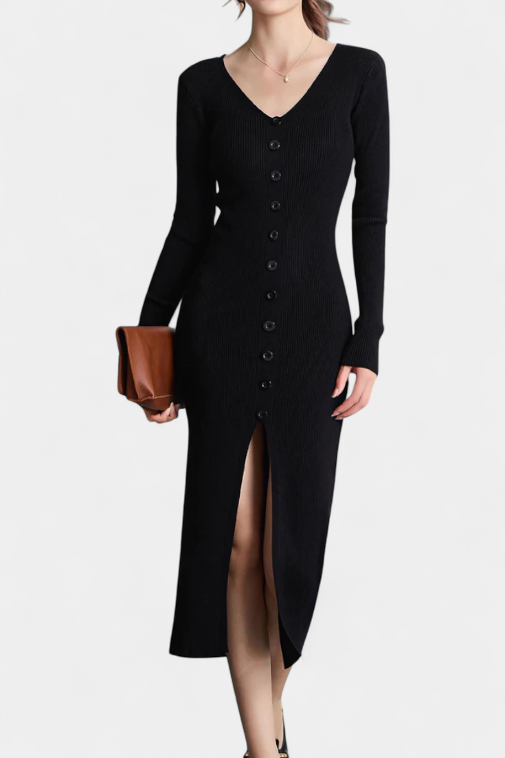 Nadège Robe Tricotée Midi à Col en V et Boutonnage Élégant