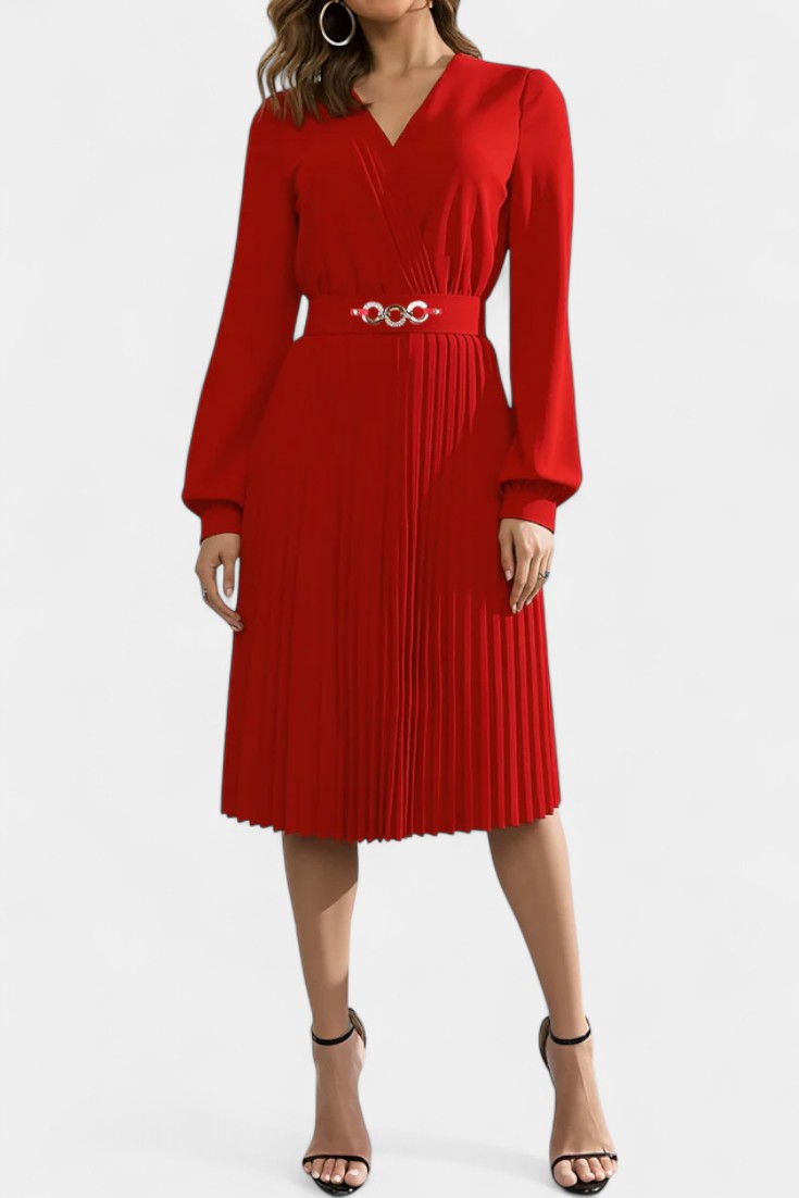 Lucie Robe Midi Plissée à Manches Longues et Ceinture