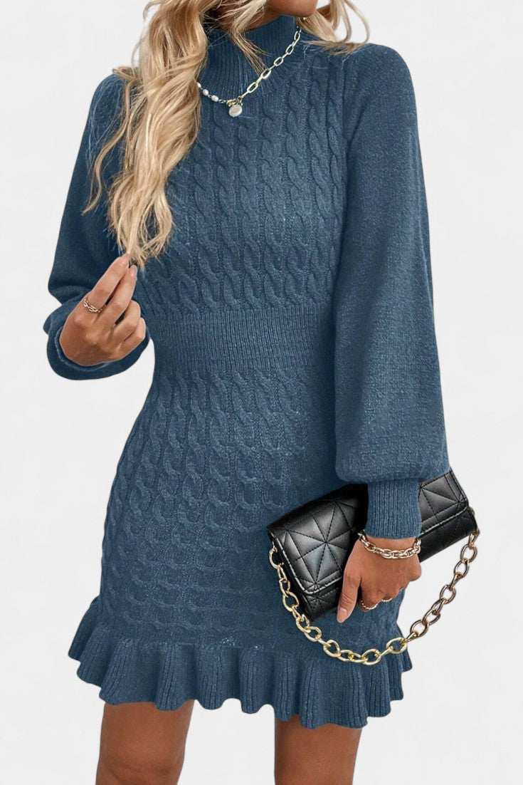 Églantina Robe Pull Mini Près du Corps à Col Montant et Volants