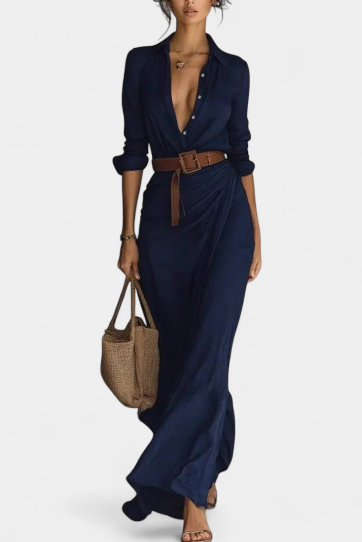 Souline Robe Maxi à Revers et Taille Ceinturée