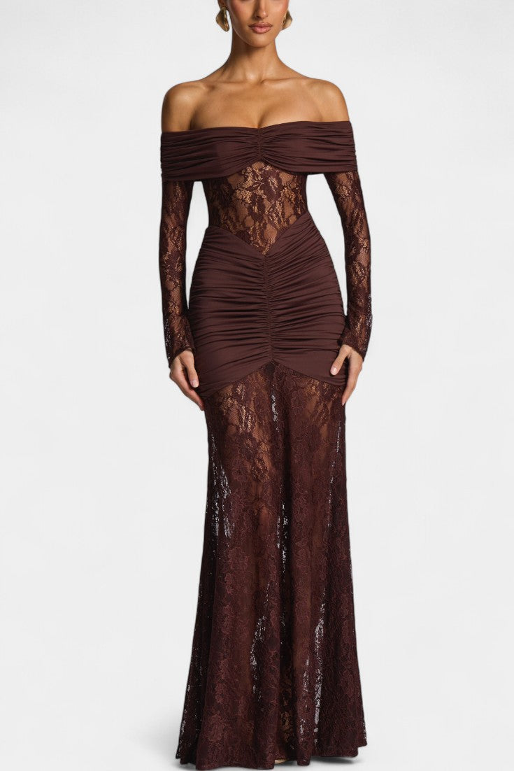 Bruma Robe Maxi en Dentelle à Décolleté Sans Bretelles et Volants
