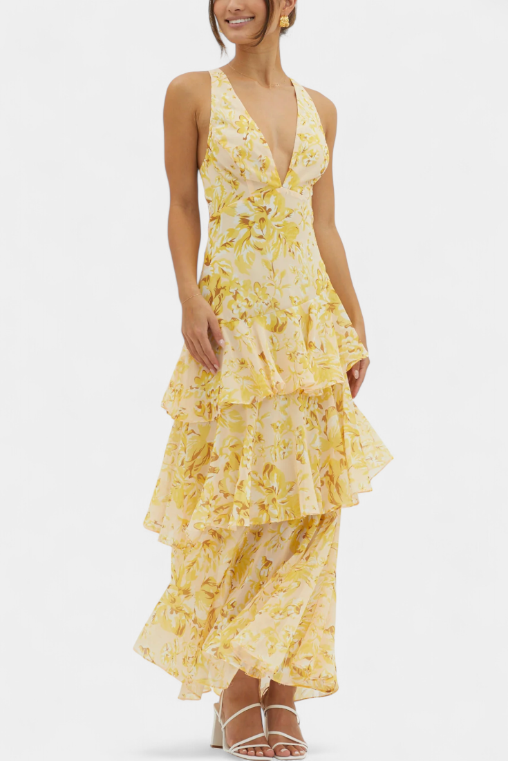Domenica Robe en Georgette à Décolleté en V et Volants Aériens