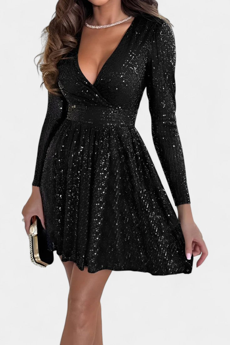 Thaïs Robe à Paillettes avec Col en V et Manches Longues