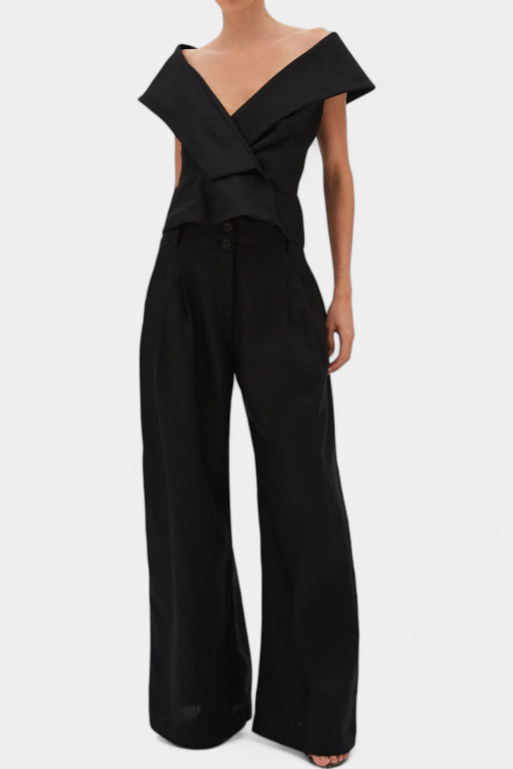 Hayden Ensemble Top Structuré à Décolleté Enveloppant et Pantalon Palazzo