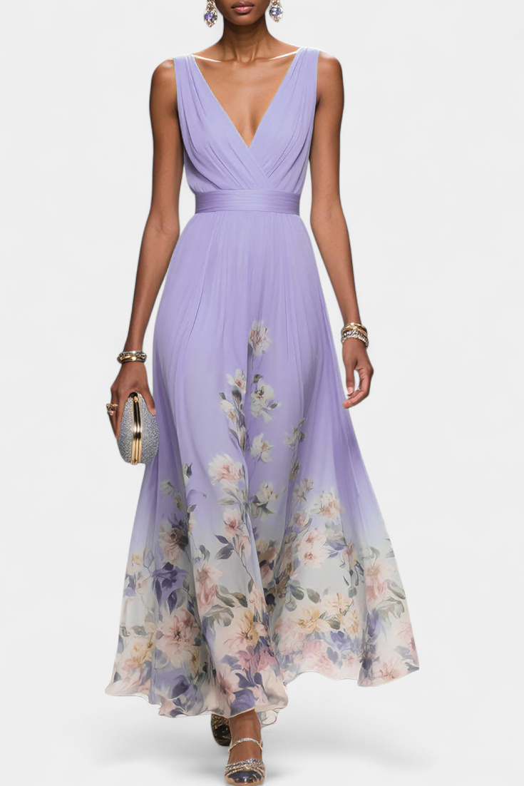 Sauline Robe Longue en Georgette Florale à Décolleté en V