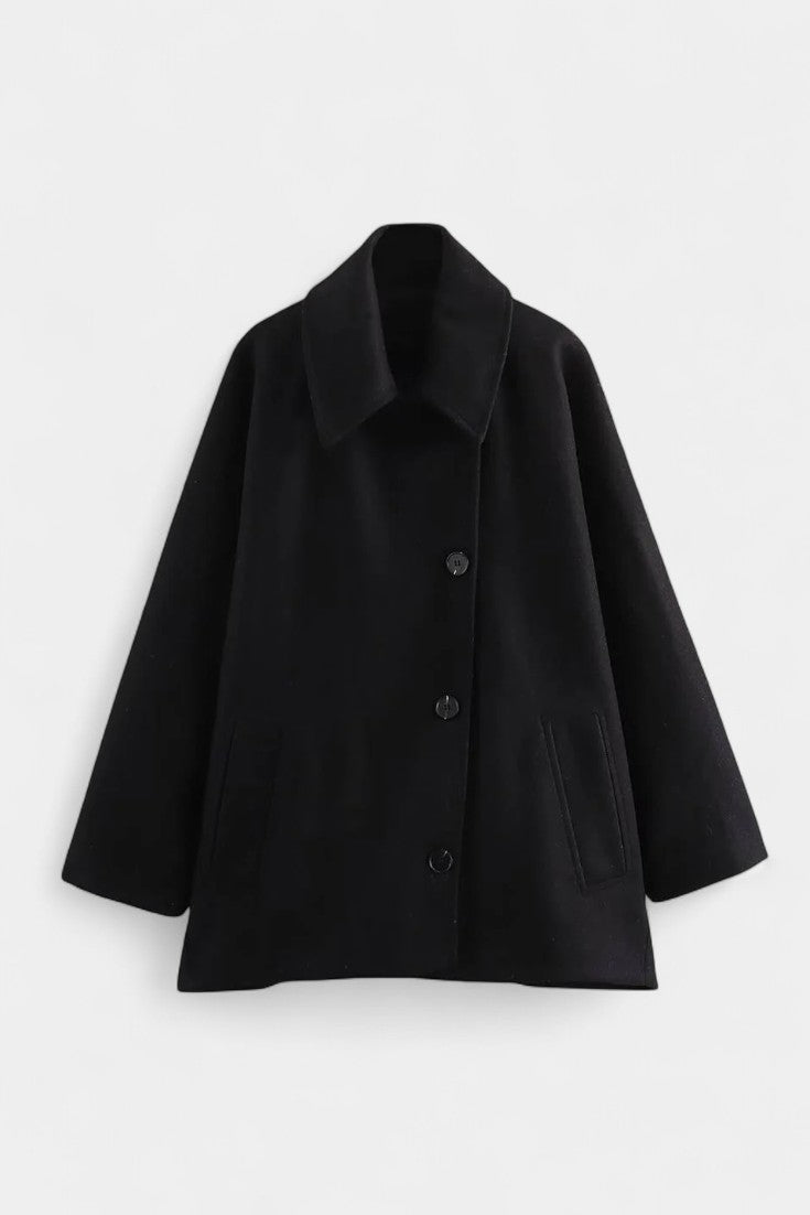 Ambreline Manteau Mi-Long en Laine à Manches Chauve-Souris et Col Revers