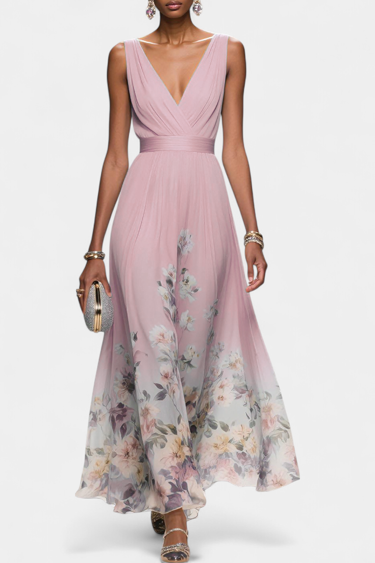 Sauline Robe Longue en Georgette Florale à Décolleté en V