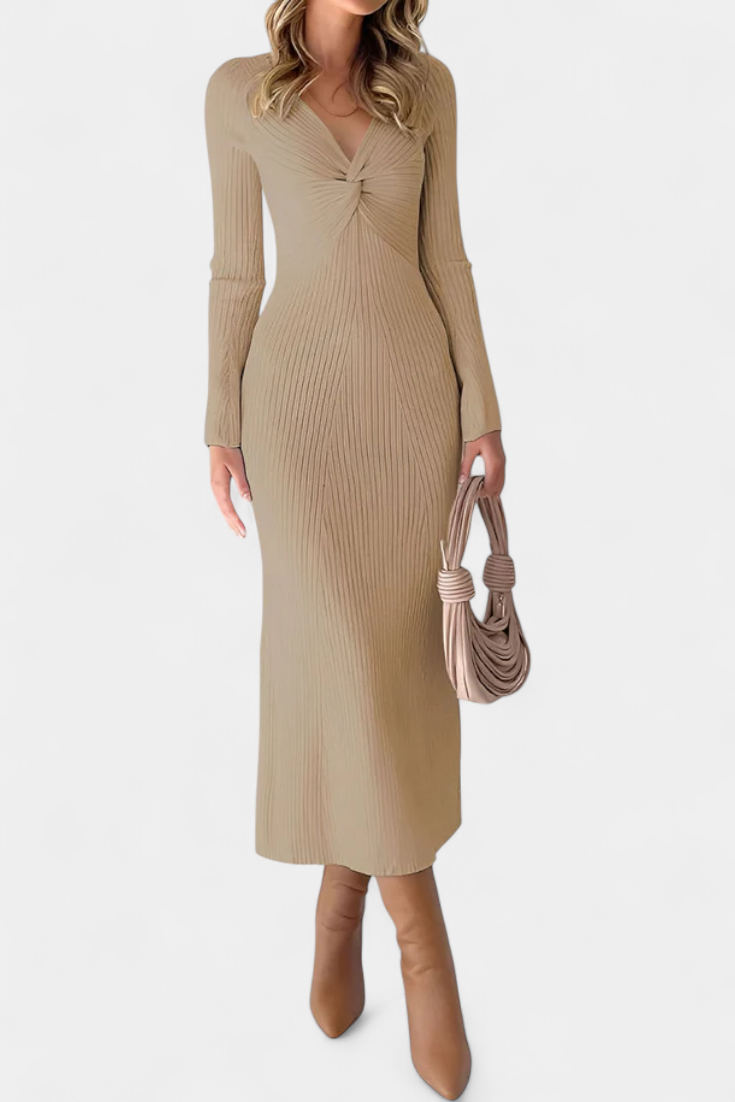 Mélusine Robe Pull Ajustée à Col en V Froncé et Manches Longues