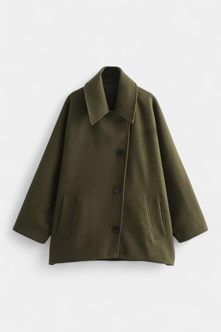 Ambreline Manteau Mi-Long en Laine à Manches Chauve-Souris et Col Revers